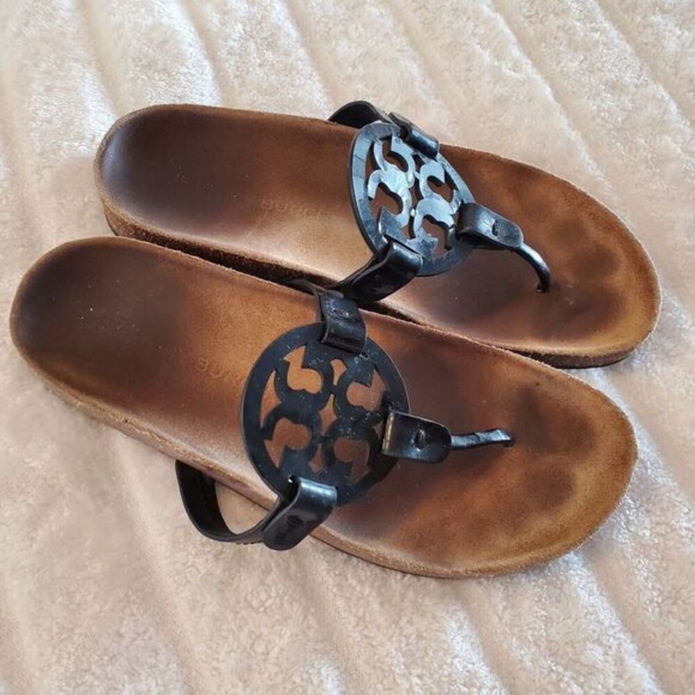 Tory Burch Miller Cloud Sandal Black‎ Patent Leather Womens 8 Suede Footbed Cork